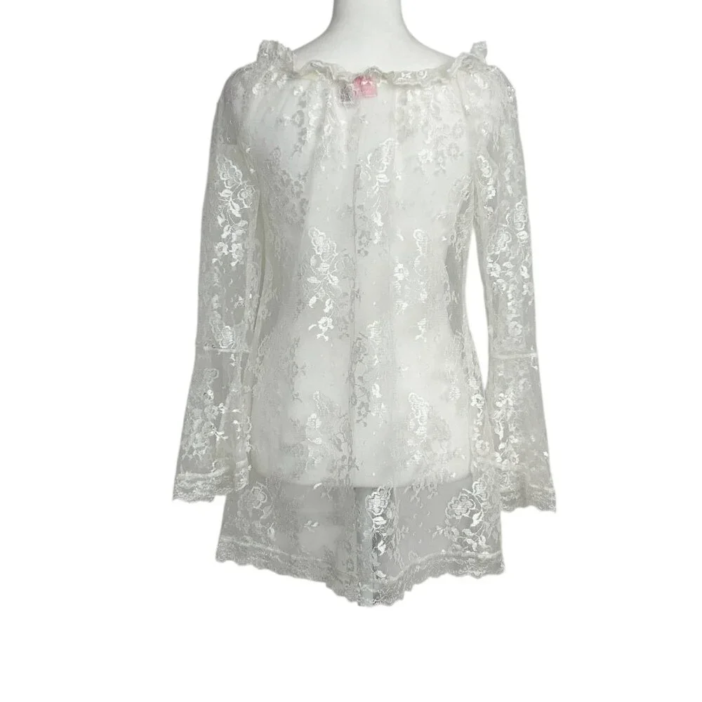 Victoria's Secret Y2K White Sheer Lace Bell‎ Sleeve Ruffle Nightie Lingerie (S)